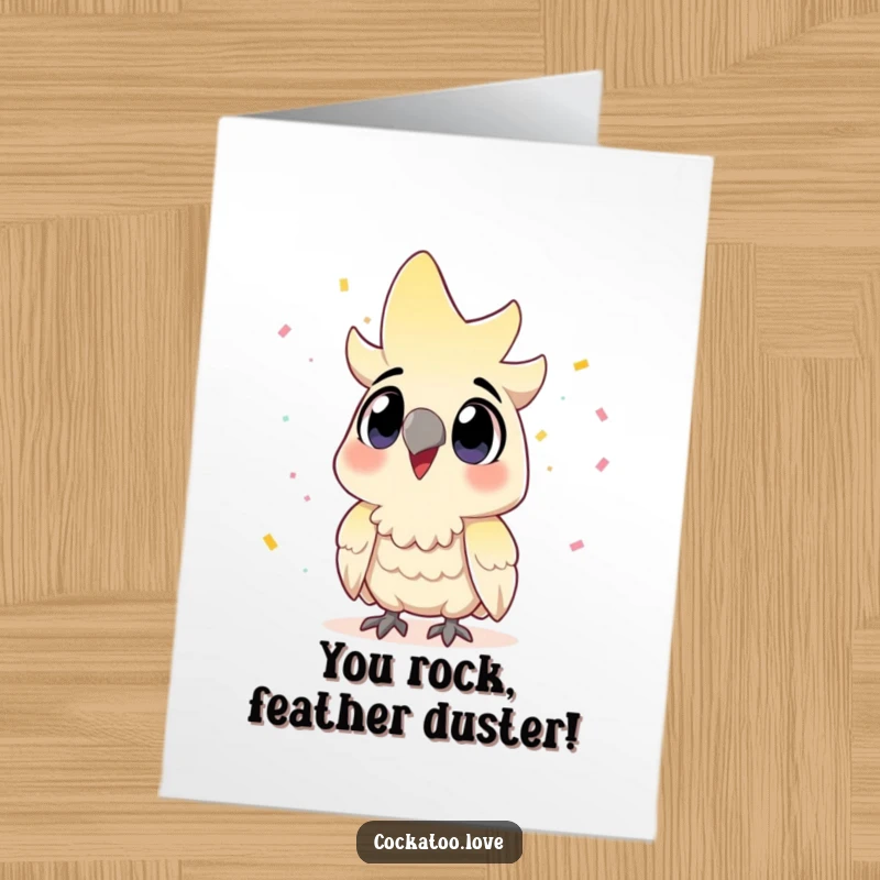 Funny Free Printable Congratulations Card: Excited Cockatoo Looking Up at a Shower of Confetti