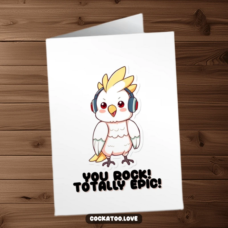 Funny Free Printable Congratulations Card featuring a cockatoo in headphones, enthusiastically grooving to celebratory music.