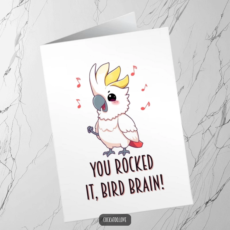 Funny Free Printable Congratulations Card: Cockatoo in full dance mode, celebrating success with a humorous, downloadable design.