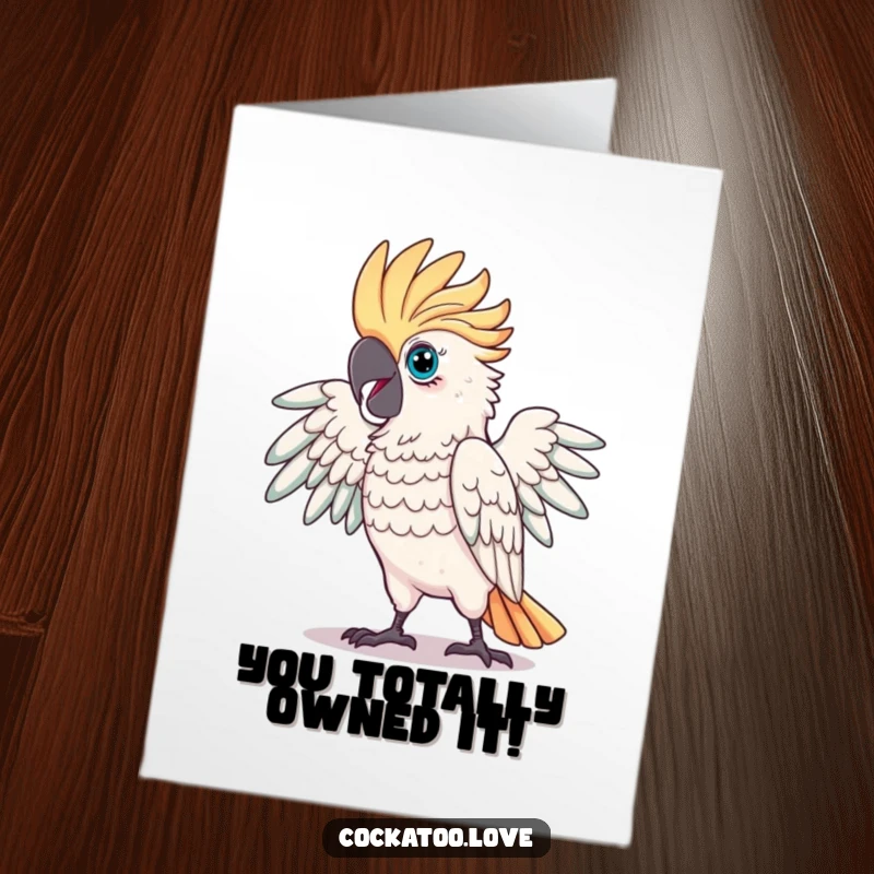 Funny Free Printable Congratulations Card: a proud cockatoo bird striking a dramatic, attention-grabbing pose.
