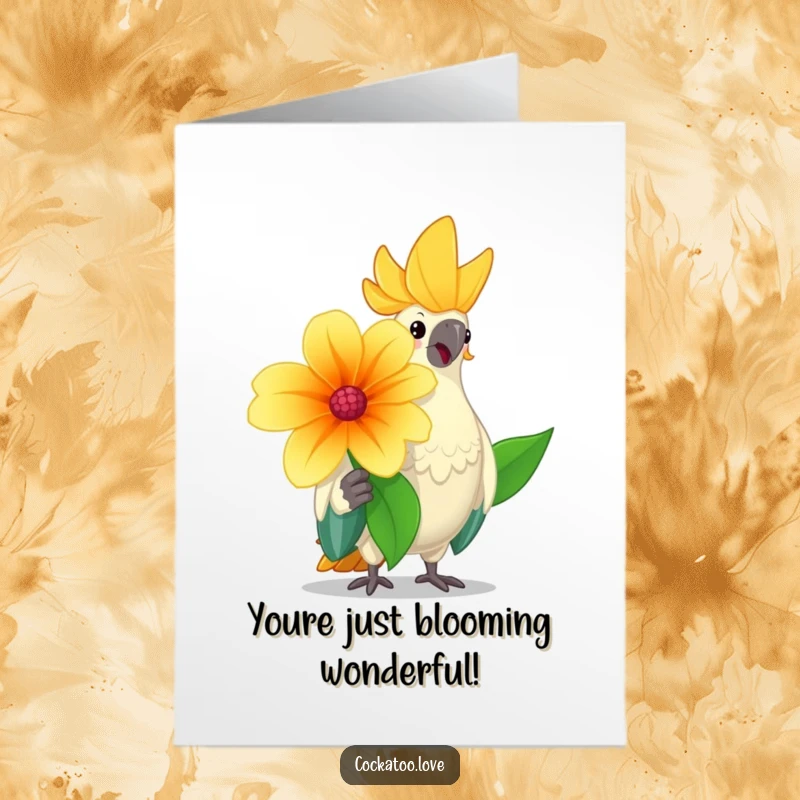 Free Printable Congratulations Card: A cheerful cockatoo offers a large flower with a friendly nod, a bright way to say congrats.