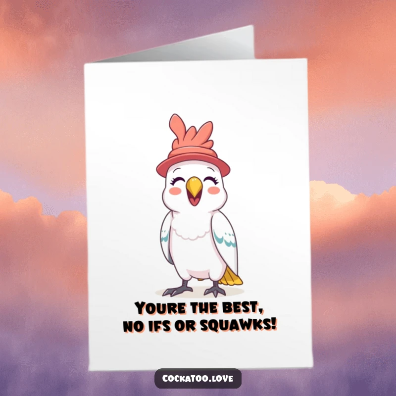 Funny Free Printable congratulations card: A cockatoo with a small hat squawking excitedly to celebrate achievements.