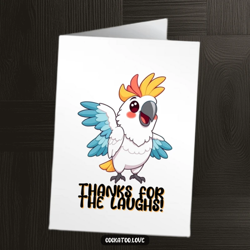 Funny Free Printable Thank You Card: A cheerful cockatoo with bright feathers strikes an amusing pose, making thanks extra special.