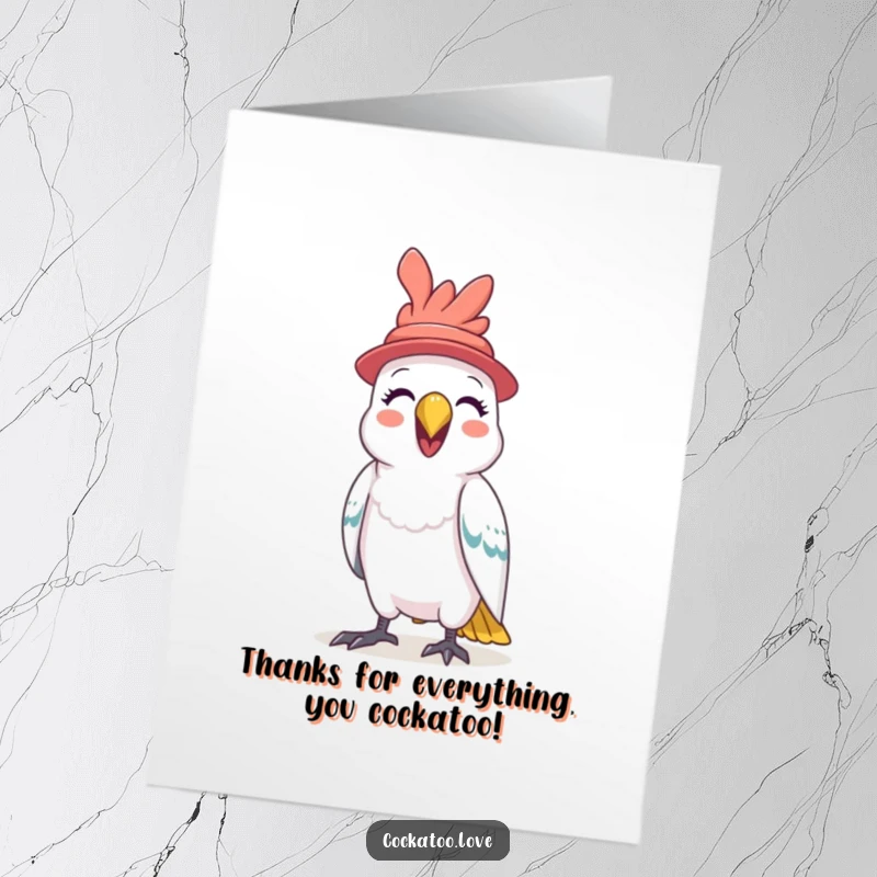 Funny Free Printable thank you card: A cockatoo in a tiny hat squawking happily to express thanks.