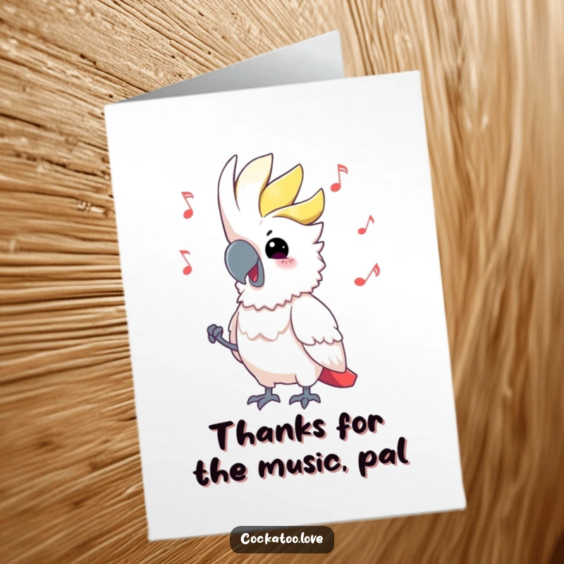 Funny Free Printable Thank You Card: Cockatoo bopping to music, expressing gratitude with a humorous, downloadable design.