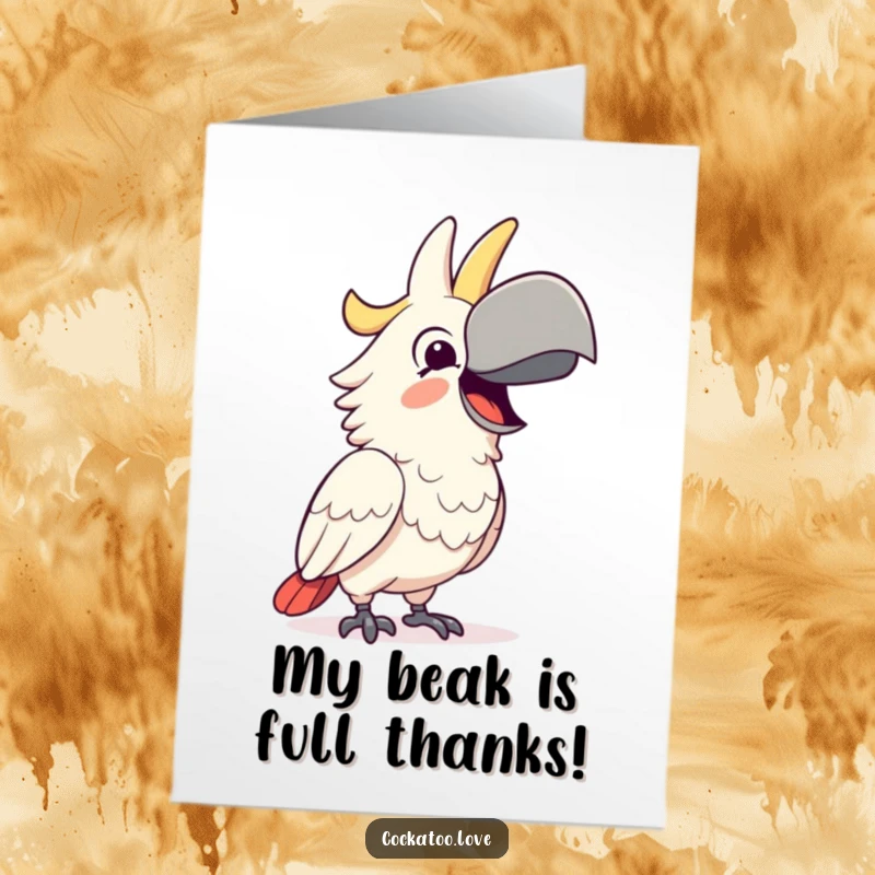 Funny Free Printable Thank You Card: Happy cockatoo squawking with a wide beak, a humorous downloadable greeting for thanks.