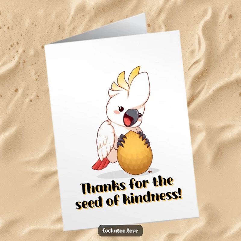 Funny free printable thank you card of a happy cockatoo bird busily pecking at a large, tasty seed.