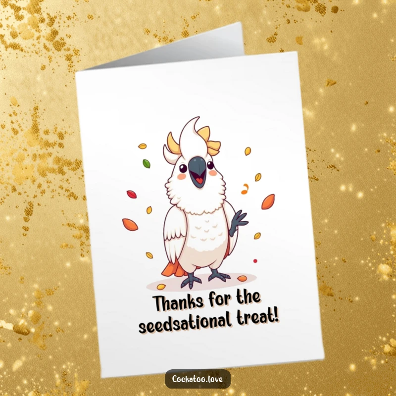 Funny Free Printable Thank You Card: A happy cockatoo skillfully juggling seeds, offering a unique and humorous way to say thanks.
