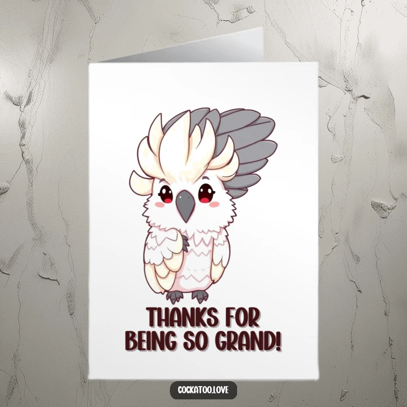Funny Free Printable Thank You Card: A timid cockatoo peeking shyly from behind a grand feather, conveying quiet, sincere thanks.