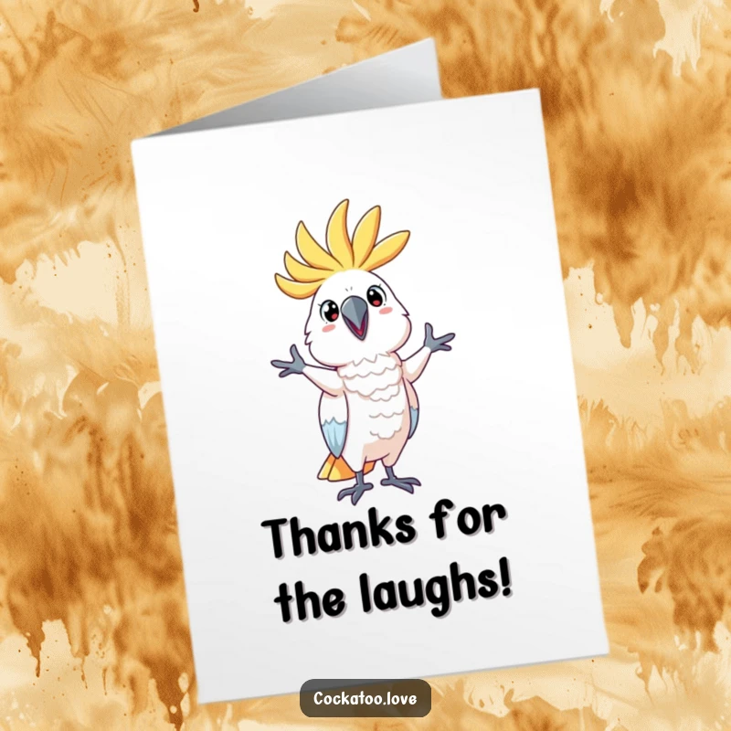 Funny Free Printable Thank You Card: Cockatoo striking a silly pose, a humorous downloadable greeting to express gratitude.