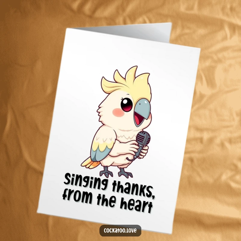 Funny Free Printable Thank You Card: A cockatoo with a bright smile holding a tiny microphone, singing thanks.