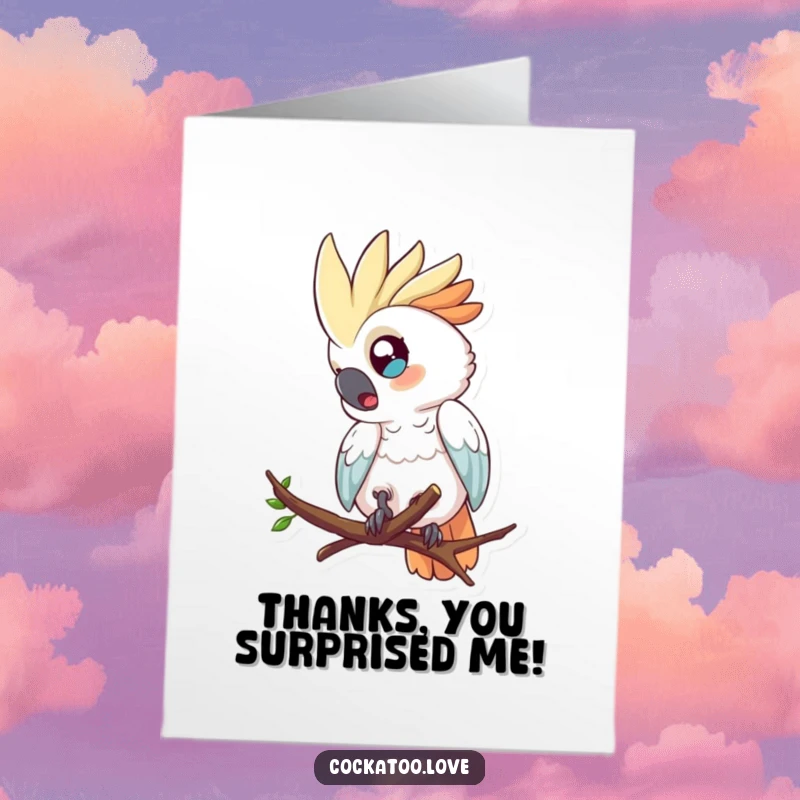 Funny Free Printable Thank You Card: A startled cockatoo in mid-fall, expressing surprise in a comical way.