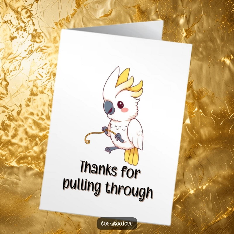 Free Printable Thank You Card: A cockatoo playfully tugs on a string, a cute and funny way to show appreciation.