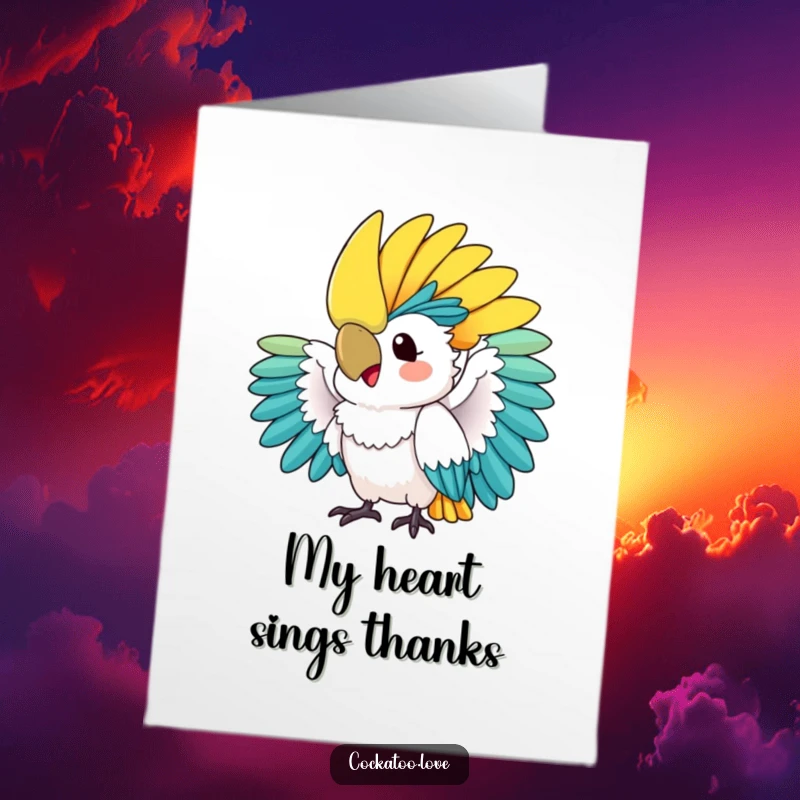 Free Printable Thank You Card: A vibrant cockatoo fanning its impressive colorful crest to express thanks.
