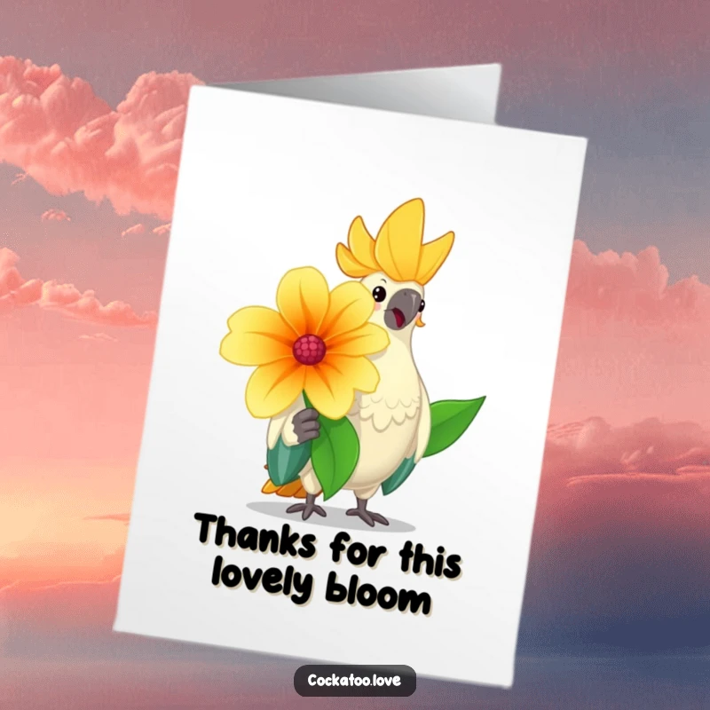 Free Printable Thank You Card: A cheerful cockatoo presents a big flower with a friendly nod, showing warm appreciation.