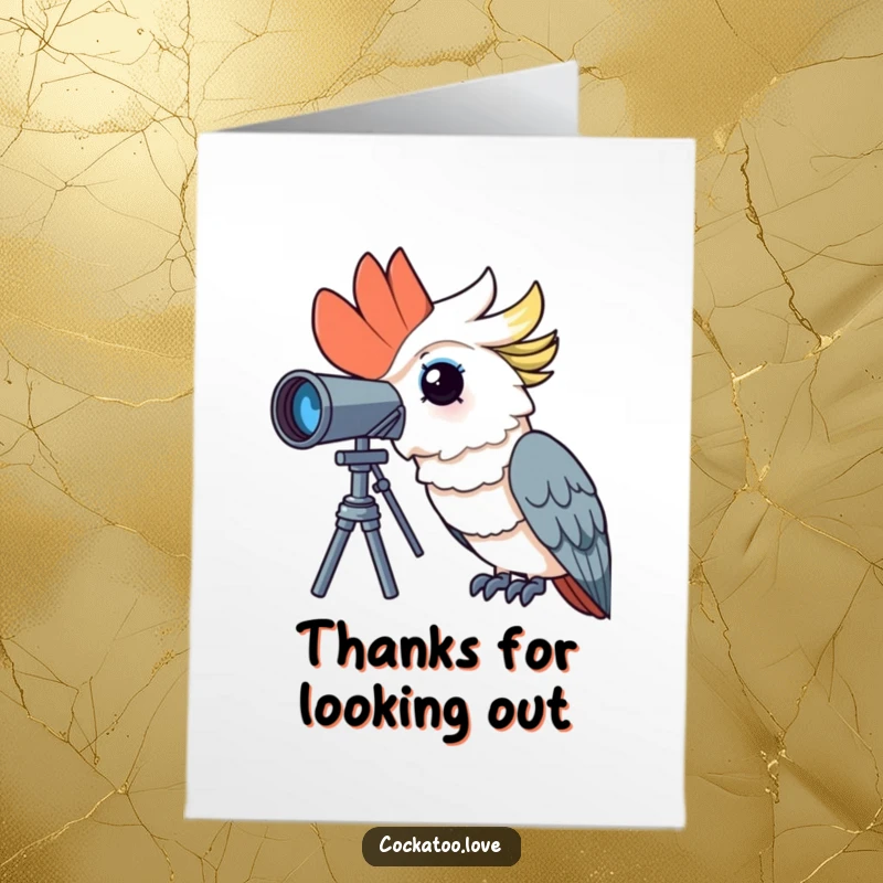 Free Printable Thank You Card: A curious cockatoo peers through a telescope with wonder, expressing thanks.