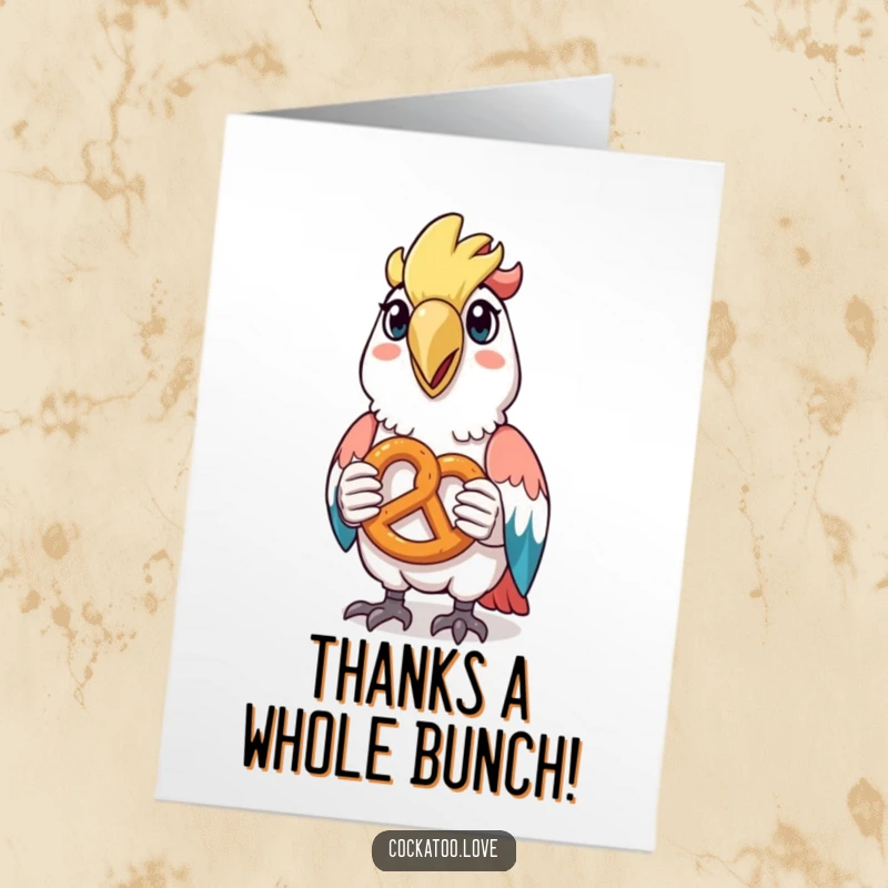 Funny Free Printable Thank You Card featuring a cockatoo happily munching on a tiny pretzel, expressing thanks.