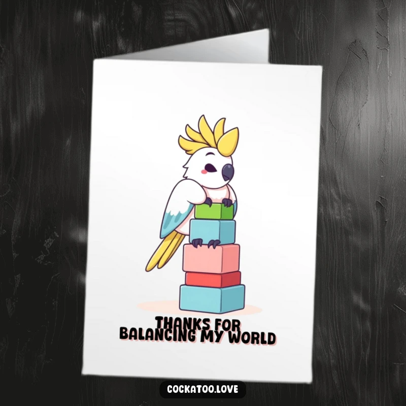 Funny Free Printable Thank You Card: A cockatoo looks proud, balancing colorful blocks, showing gratitude humorously.