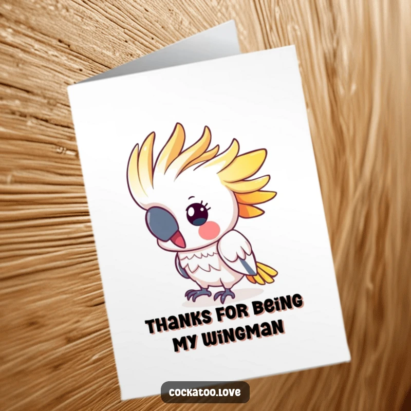 Funny Free Printable Thank You Card: Cute cockatoo energetically bobbing its colorful head in thanks.