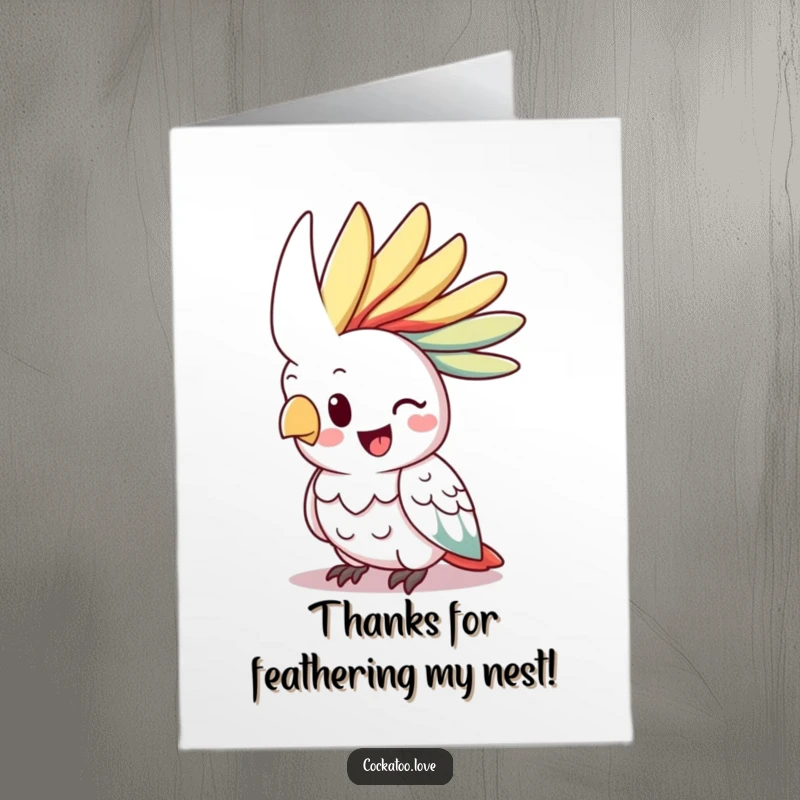 Funny Free Printable Thank You Card featuring a happy cockatoo with a vibrant, raised crest, looking grateful.