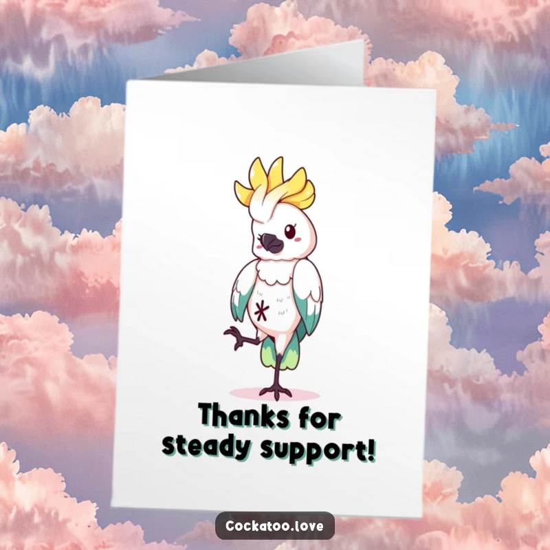 Funny Free Printable Thank You Card: Cockatoo balancing playfully on one leg, a humorous downloadable greeting for thanks.