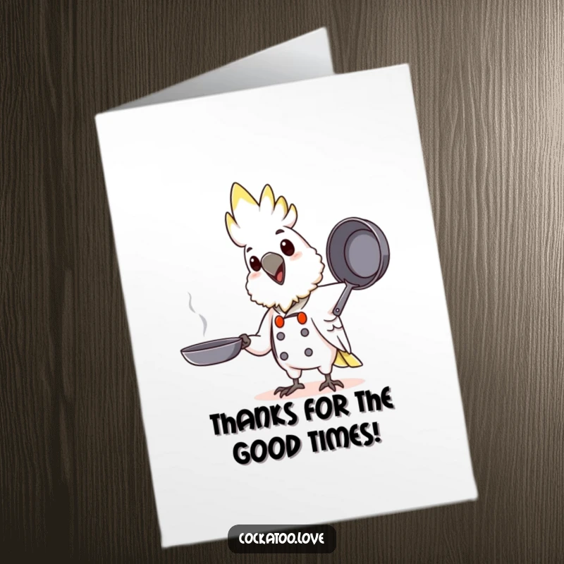 Funny Free Printable Thank You Card: Features a cockatoo in a chef hat happily flipping a pretend pan.