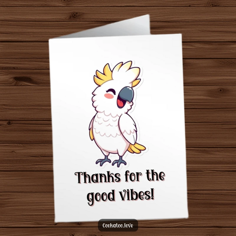 Funny Free Printable Thank You Card: Cockatoo bobbing its body rhythmically with a smile, humorous downloadable greeting for thanks.