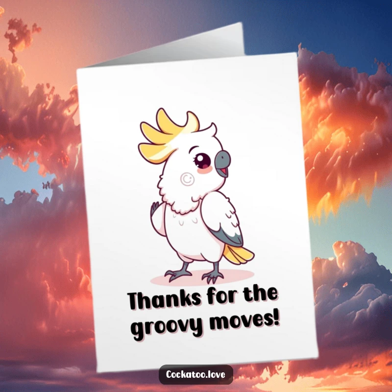 Funny Free Printable Thank You Card: Cockatoo doing a funny shuffle dance to express heartfelt thanks.