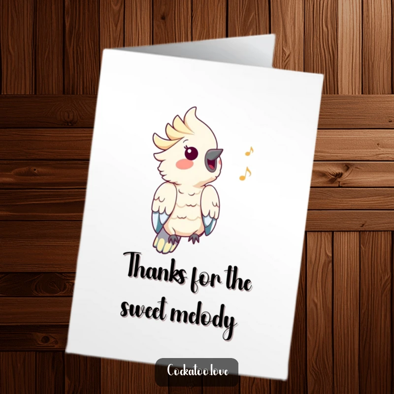 Free Printable Thank You Card: A happy cockatoo whistles a tune, conveying thanks in a charming and musical way.