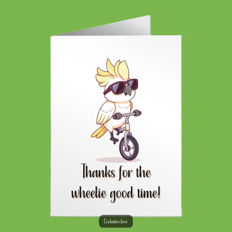 Free Printable Funny Cockatoo Thank You Card: Unicycle Sunglasses Gratitude Downloadable Gift