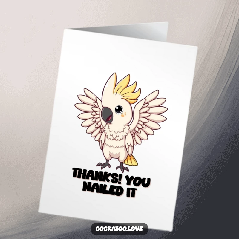 Funny Free Printable Thank You Card: Cockatoo character mimicking a dramatic pose with wings, conveying heartfelt thanks with flair.