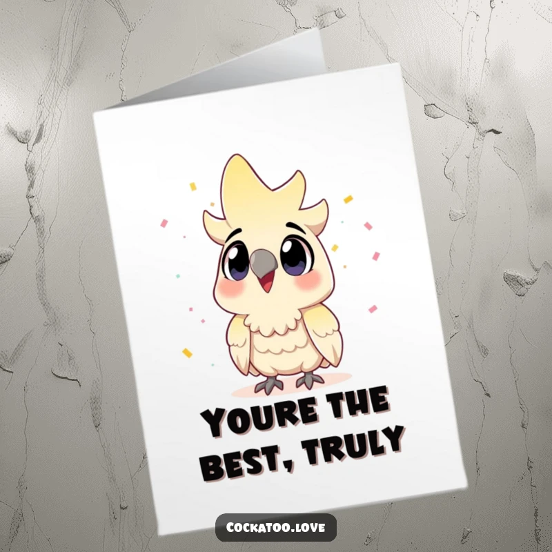 Funny Free Printable Thank You Card: Cockatoo with Excited Eyes Watching Confetti Fall