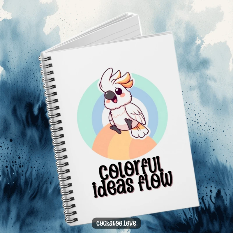 Joyful cockatoo bird notebook with a character gleefully sliding down a vibrant rainbow, perfect for note-taking.
