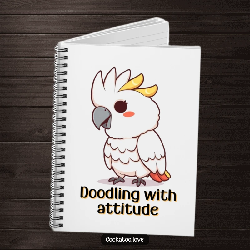 Funny notebook featuring a cockatoo character with a mischievous grin and a playful peck, ready for your thoughts.