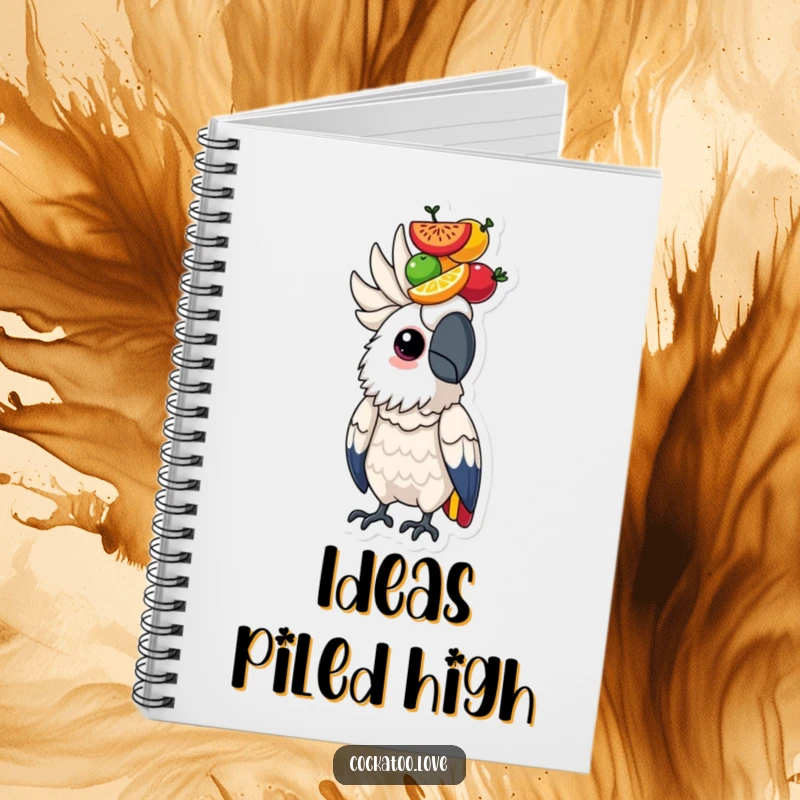 Focused cockatoo bird notebook with a character determinedly balancing a stack of colorful fruits on its head, for planning.
