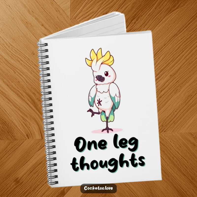 Funny Notebook featuring a cockatoo character balancing on one leg, ideal for capturing unique ideas and a charming funny gift.