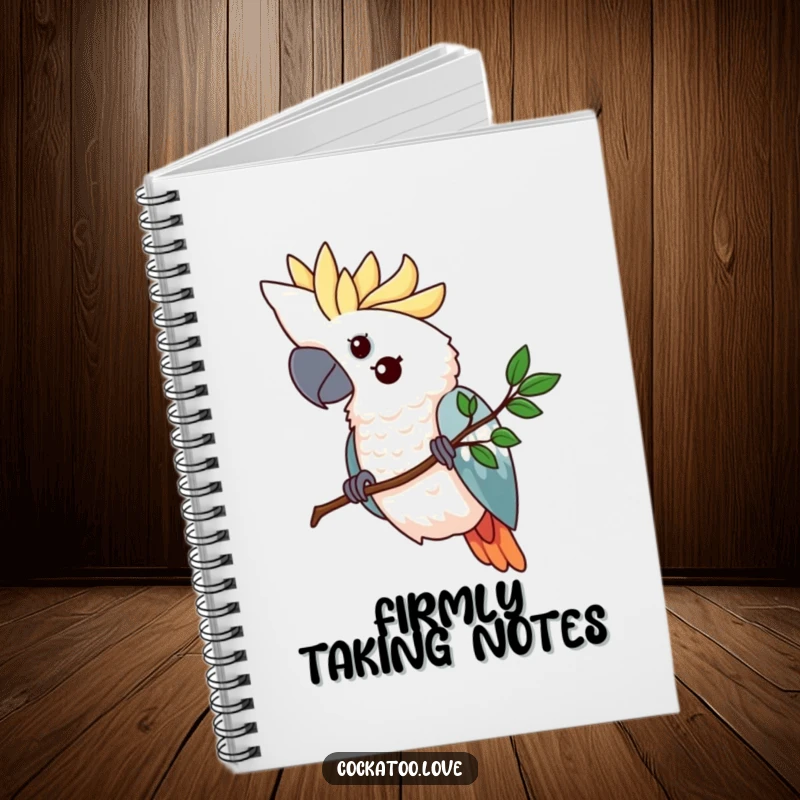 Funny cockatoo notebook with a determined bird gripping a tiny, stylized branch, perfect for recording goals and focused thoughts.