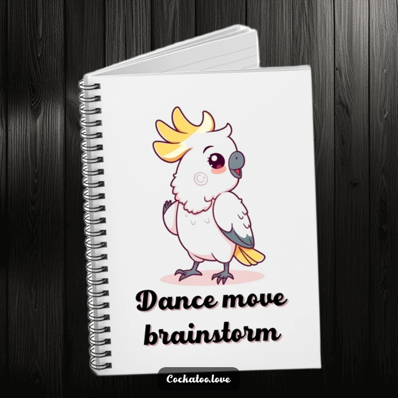 Funny cockatoo notebook, showing a bird doing a cheerful shuffle dance, perfect for jotting down creative ideas.