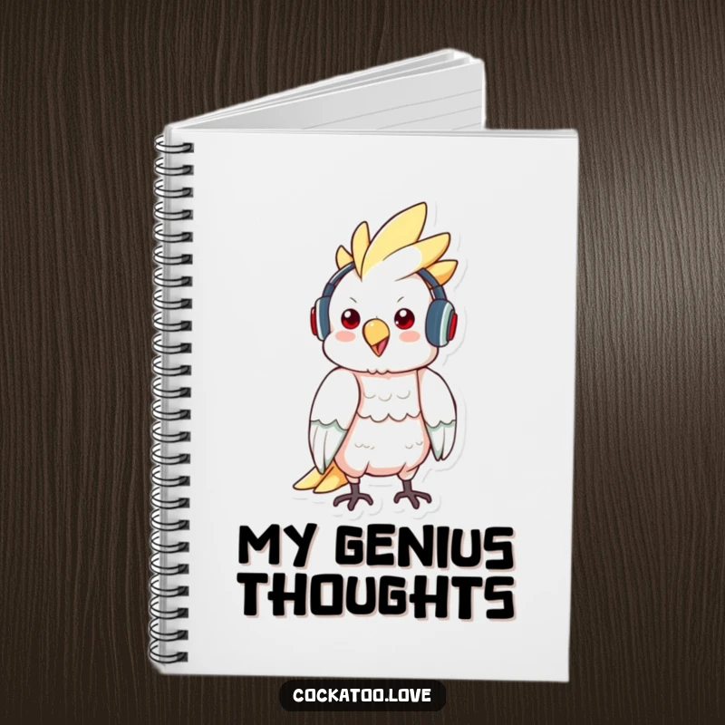 Funny notebook with a cockatoo wearing headphones and bopping to music, ideal for jotting down musical thoughts.