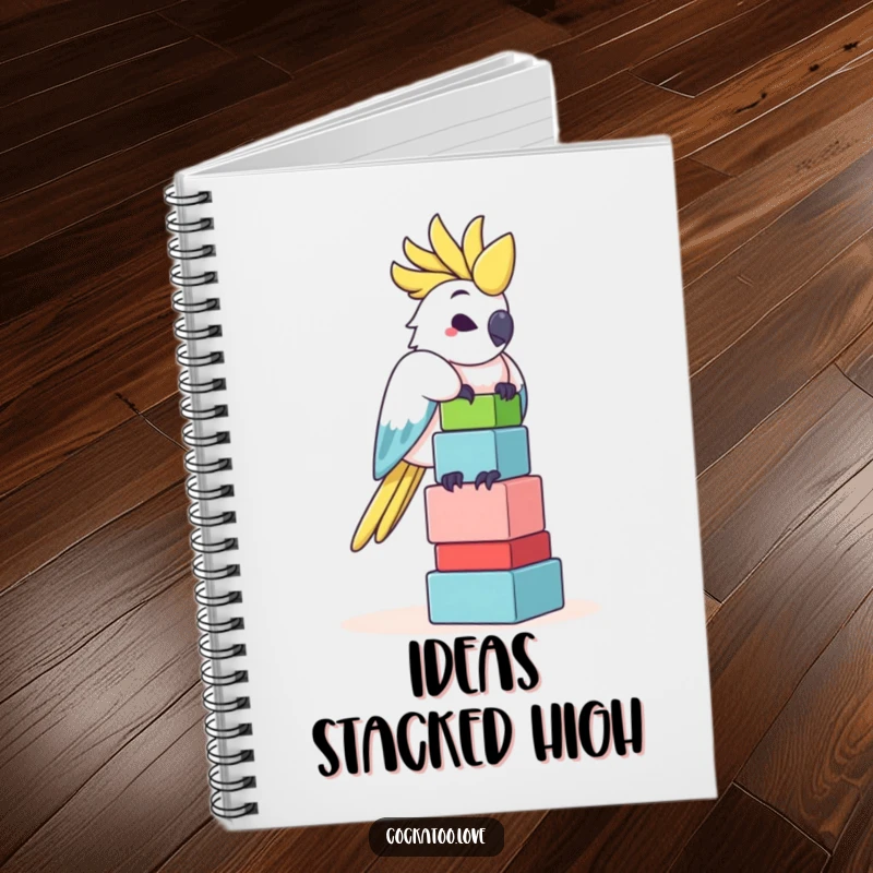 Funny Cockatoo Notebook: A cool cockatoo balances a stack of blocks, inspiring creativity and funny thoughts on its cover design.
