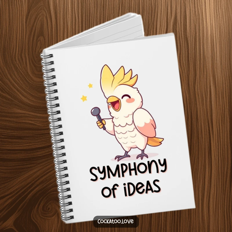 Funny notebook featuring a gleeful cockatoo character mimicking a triumphant singer, ready to capture your lyrical genius.
