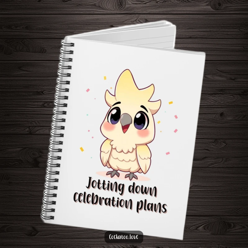 Funny Cockatoo Notebook: Excited bird observing celebratory confetti, perfect for jotting notes.