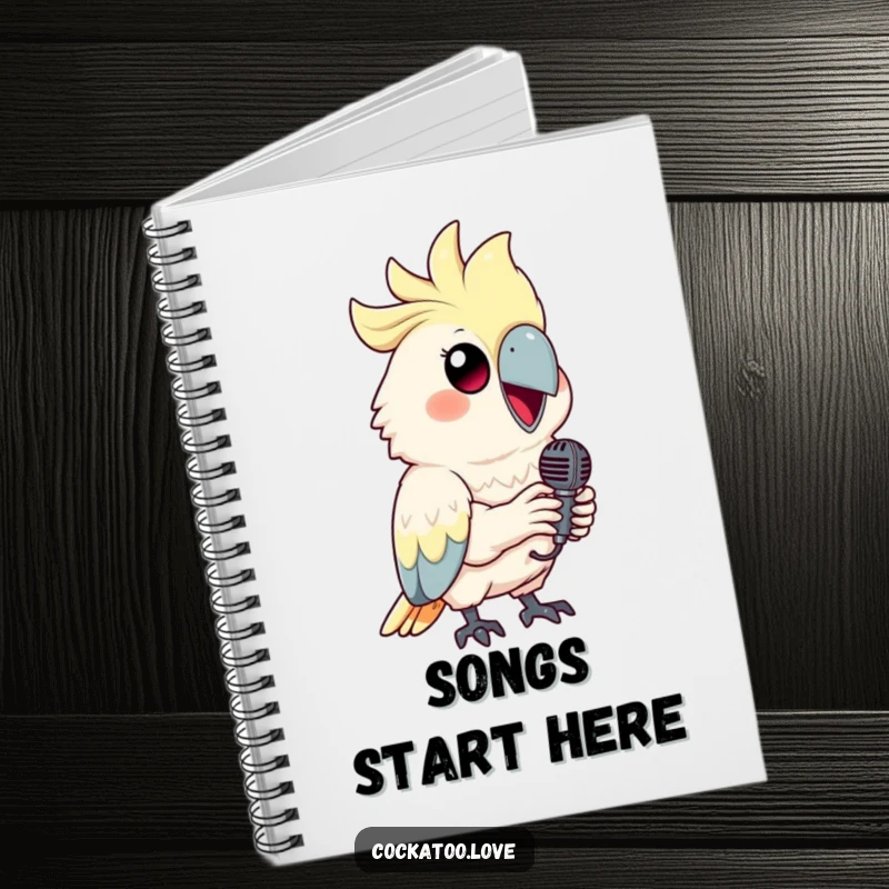 Funny cockatoo notebook with a smiling bird holding a tiny microphone, great for songwriters.