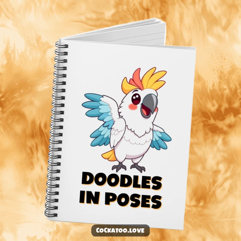 Funny cockatoo notebook, vibrant, striking a humorous pose, ideal for capturing creative ideas with a side of avian antics.