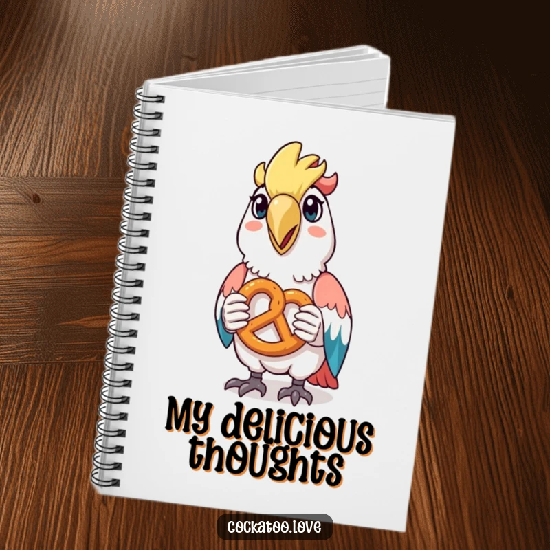 Funny notebook with a happy cockatoo character holding a tiny pretzel, ideal for jotting down snack plans.