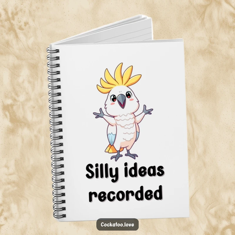 Funny Notebook featuring a cockatoo character in a comical pose, ideal for creative notes and a charming funny gift.