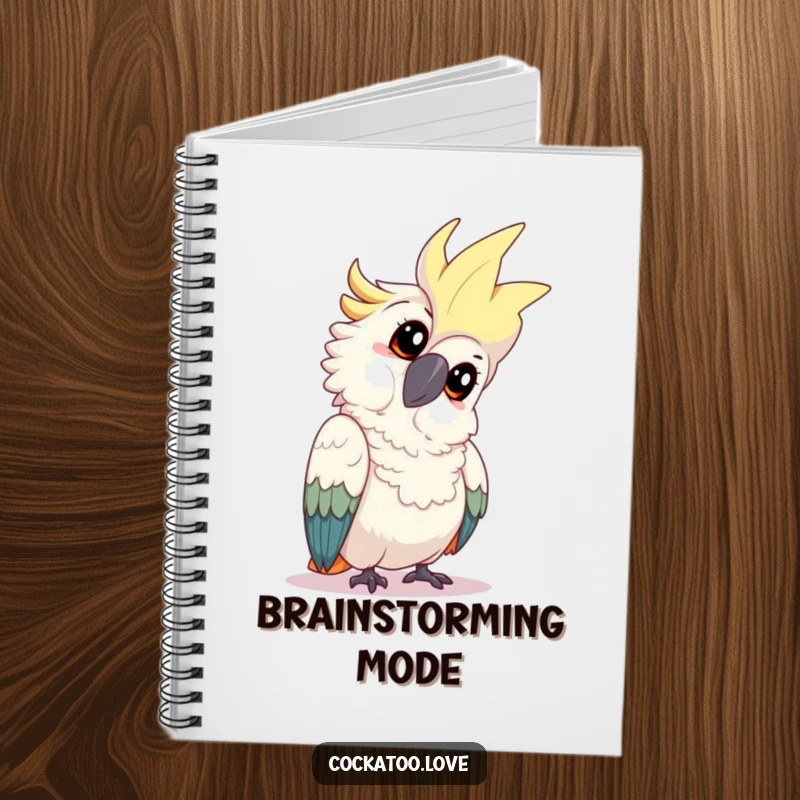 Funny cockatoo notebook with a playful bird tilting its head with an inquisitive expression, perfect for jotting down curious thoughts.