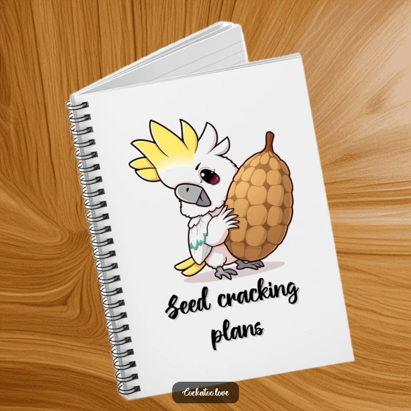 Funny cockatoo notebook, featuring a determined bird cracking a giant seed with a wide, funny grin, perfect for note-taking.