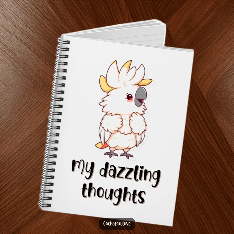 Funny Fluffy Cockatoo Notebook with a delightful cockatoo preening its feathers with an expression of joy, ideal for notes.