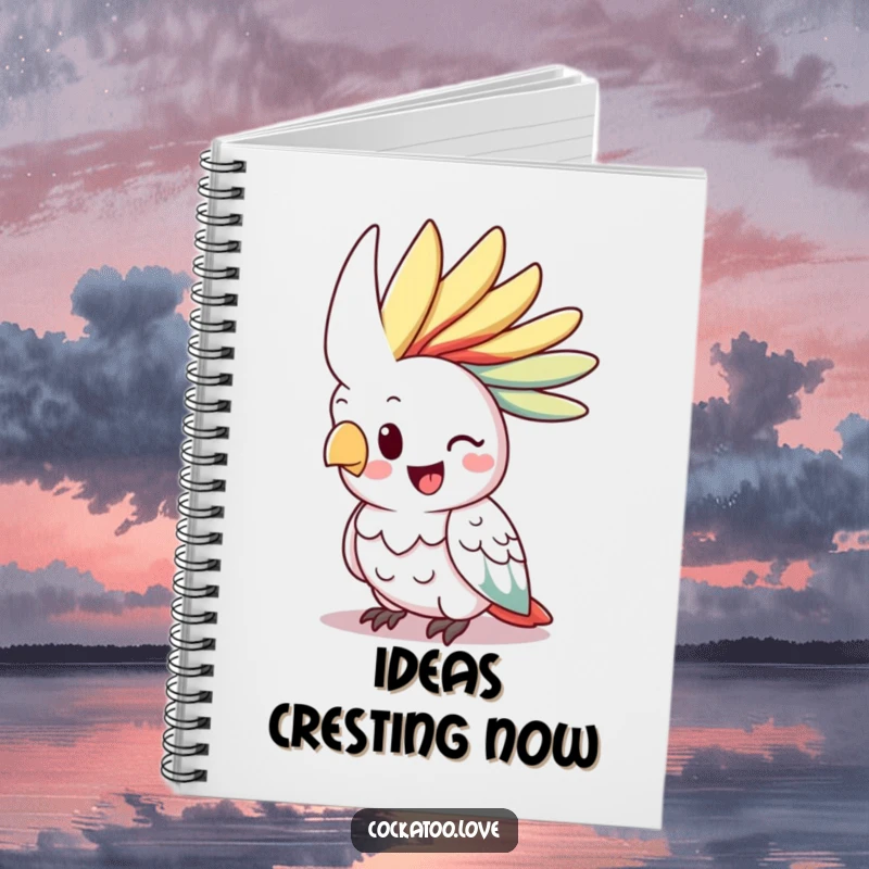 Funny cockatoo notebook, happy bird with vibrant raised crest, cheerful stationery, jotting down happy thoughts.